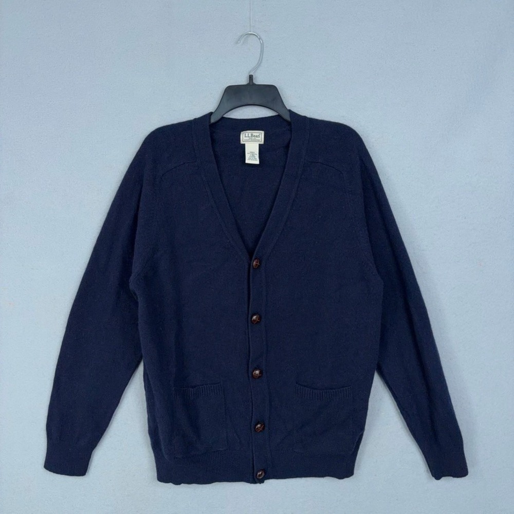LL Bean Cardigan Mens Large Navy Plain Lambswool V-Neck Classic Preppy Sweater